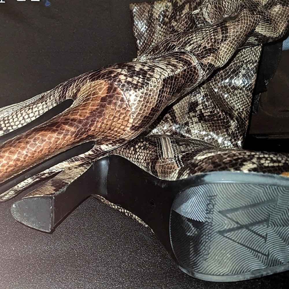 Worthington snake skin high heel knee high boots